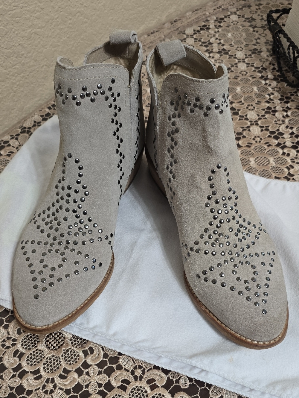 Women's Beige Studded Suede Ankle Boots